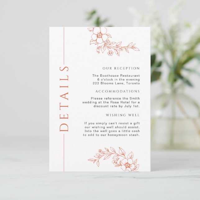 Minimal Burnt Orange Floral Wedding Details Insert (Standing Front)