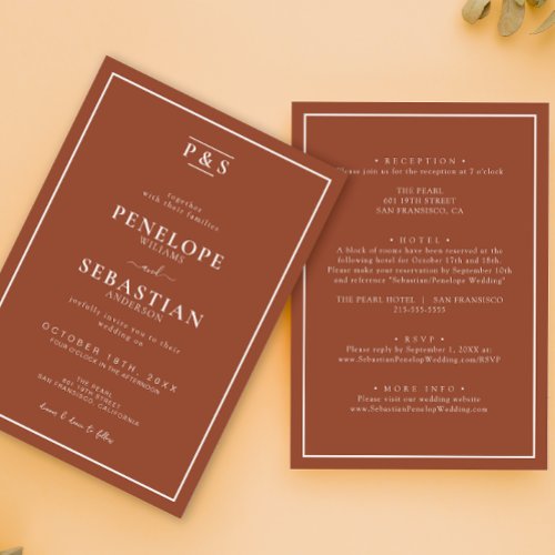 Minimal Burnt Orange Monogram All In One Wedding  Invitation
