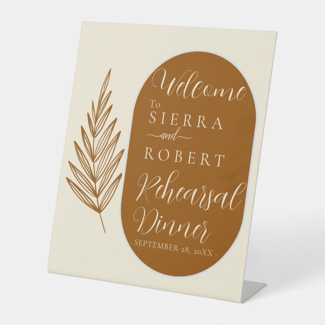 Minimal Burnt Orange Rehearsal Dinner Welcome Pedestal Sign (Front)