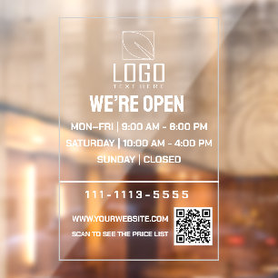 Minimal Business Opening Hours Logo QR Code Window Cling