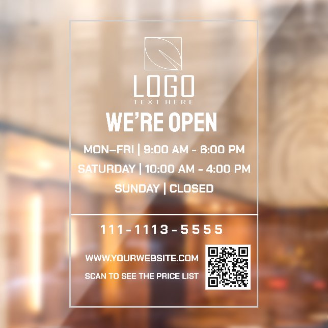 Minimal Business Opening Hours Logo QR Code Window Cling (Sheet 2)