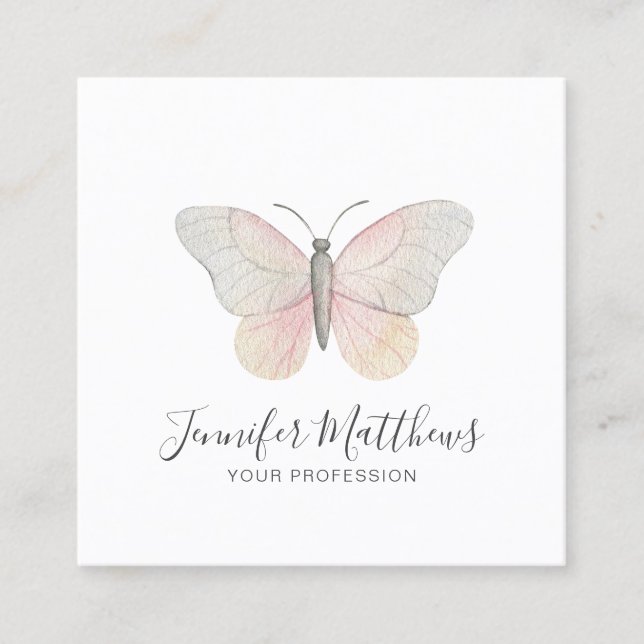 Minimal Butterfly Blush Pink Watercolor Square Business Card (Front)