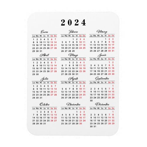 Minimal Calendar 2024 in Spanish White Black Red Magnet