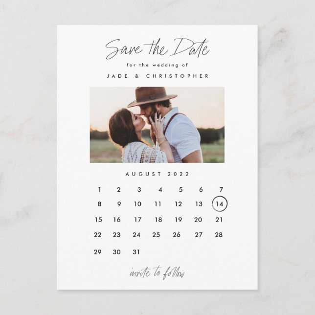 Minimal Calendar Photo Wedding Save the Date Announcement Postcard (Front)