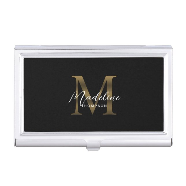 Minimal Calligraphy Black Metallic Gold Monogram Business Card Case (Front)