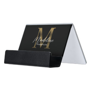 Minimal Calligraphy Black Metallic Gold Monogram Desk Business Card Holder