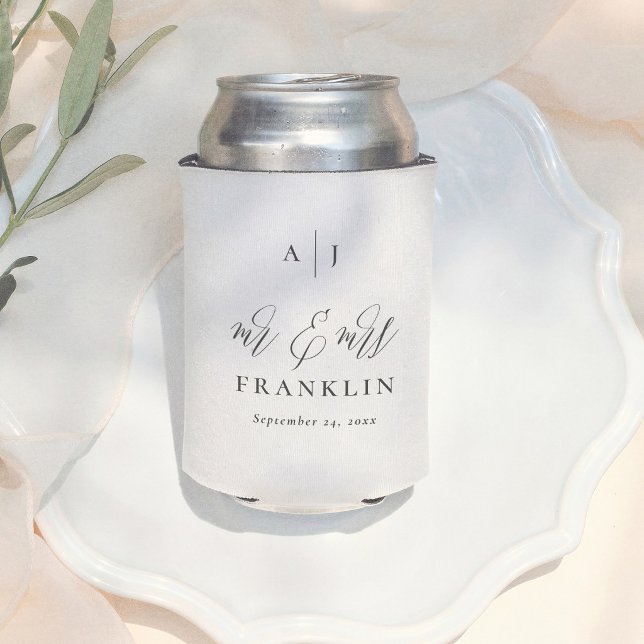 Minimal Calligraphy Mr & Mrs Monogram Wedding Can Cooler (Creator Uploaded)