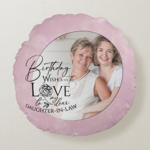 Minimal Calligraphy Photo Birthday Daughter-in-law Round Pillow