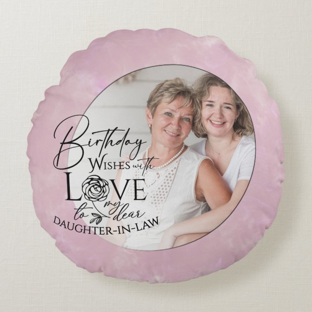 Minimal Calligraphy Photo Birthday Daughter-in-law Round Pillow (Front)