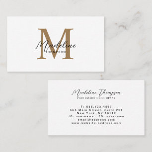 Minimal Calligraphy Script Gold Monogram White Business Card