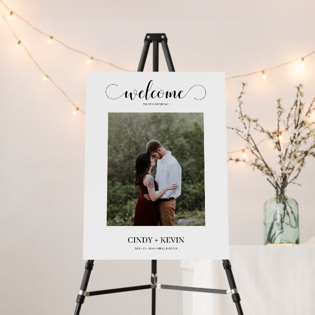 Minimal Calligraphy Script Photo Wedding Welcome Foam Board (In Situ (Stand))