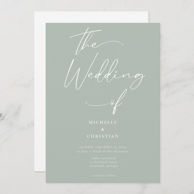 Minimal Calligraphy Solid Light Sage Wedding Invitation | Zazzle