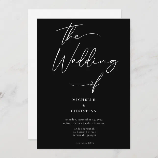 Minimal Calligraphy Solid White Black Wedding Invitation | Zazzle