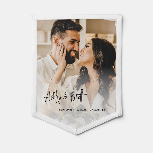 Minimal Calligraphy Wedding Photo Newlywed Gift  Pennant (Front)