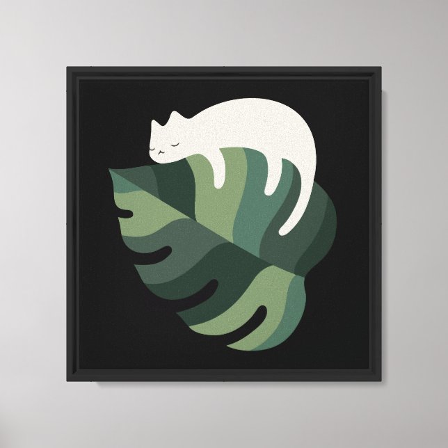 Minimal cat and monstera leaf  canvas print (Front)