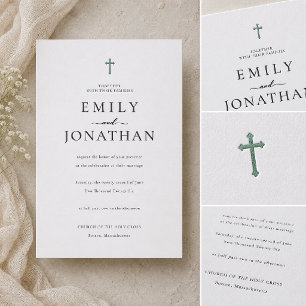 Minimal Catholic Cross Wedding Letterpress Invitation