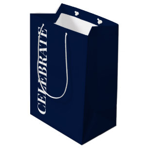 Minimal CELEBRATE   Navy Blue Holiday Medium Gift Bag