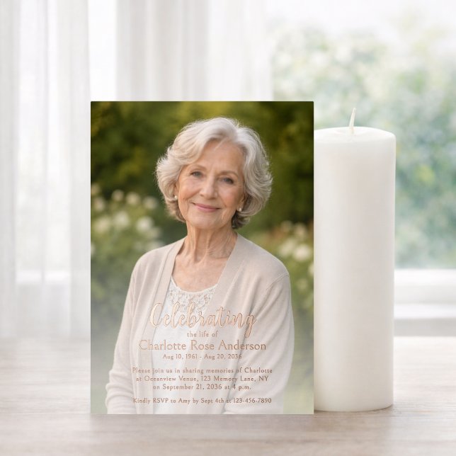 Minimal Celebration of Life Script Photo Rose Gold Foil Invitation (Creator Uploaded)