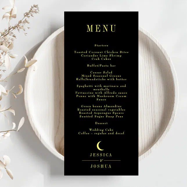 Minimal Celestial Black Crescent Moon Wedding Menu | Zazzle