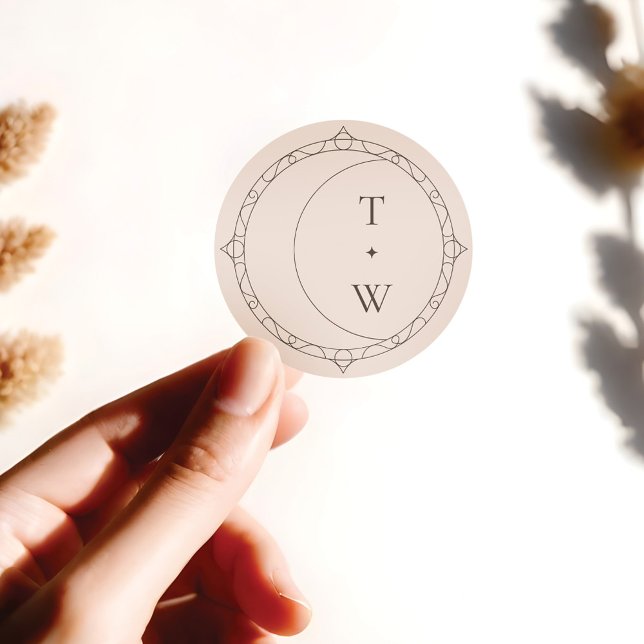 Minimal Celestial Moon & Stars Wedding Monogram Classic Round Sticker (Minimal Celestial Moon & Stars Wedding Monogram Classic Round Sticker)