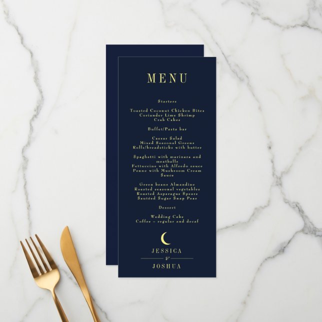 Minimal Celestial Navy Crescent Moon Wedding Menu (Front/Back In Situ)