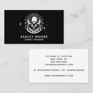 Minimal Celestial Owl Black & White Tarot Reader Business Card