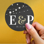 Minimal Chalkboard String Lights Monogram Wedding Classic Round Sticker<br><div class="desc">Minimal Chalkboard String Lights Monogram Wedding Classic Round Sticker . The design has space to add the monogram initials of the bride and groom on a beautiful chalkboard and string lights background . These pretty stylish envelope seal stickers can be customized by changing the monograms of the bride and groom...</div>