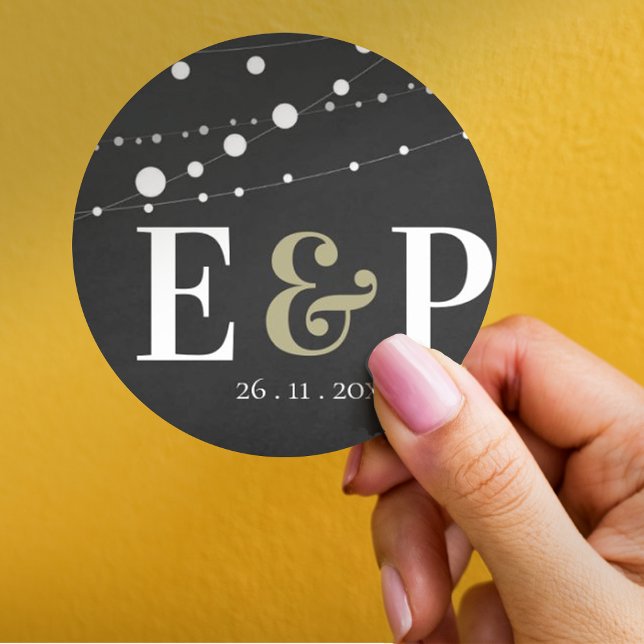 Minimal Chalkboard String Lights Monogram Wedding Classic Round Sticker (Creator Uploaded)
