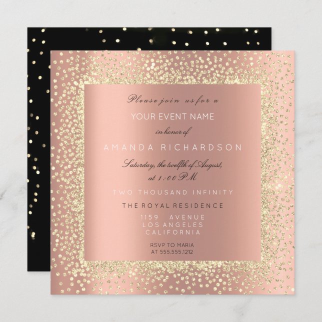 Minimal Champaigne Gold Black Confetti Rose Peach Invitation (Front/Back)