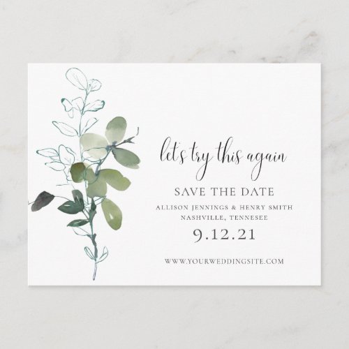 Minimal Change the Date Eucalyptus Wedding Announcement Postcard