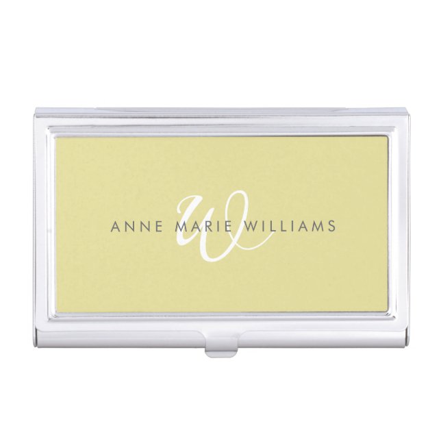 Minimal Chartreuse White Script Monogram Business Card Case (Front)
