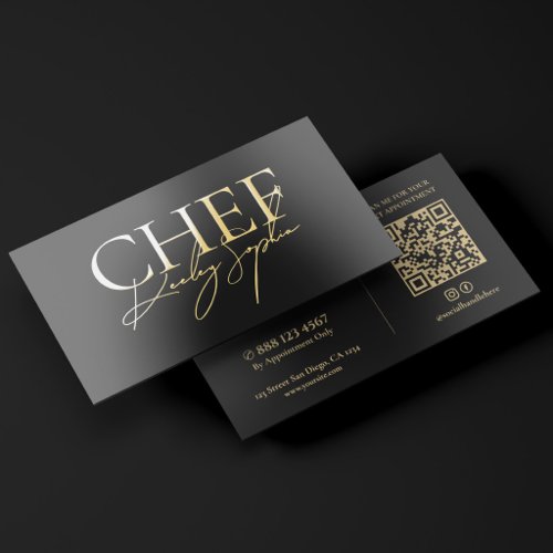 Minimal Chef Caterer Black Signature Gold Foil Business Cards
