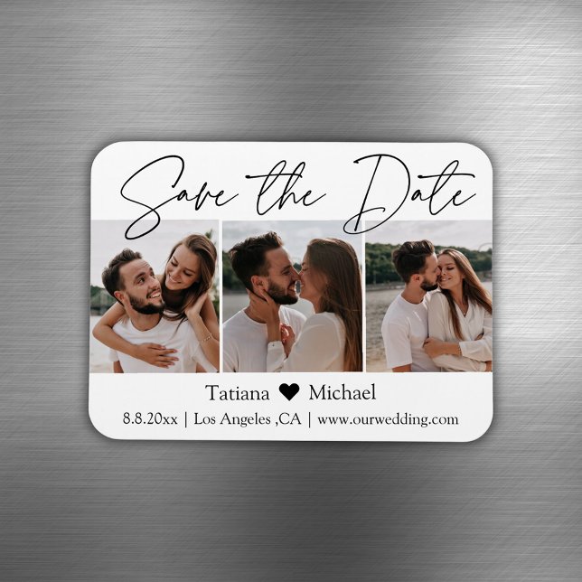 minimal chic 3 photo collage save the date magnet (Creator Uploaded)