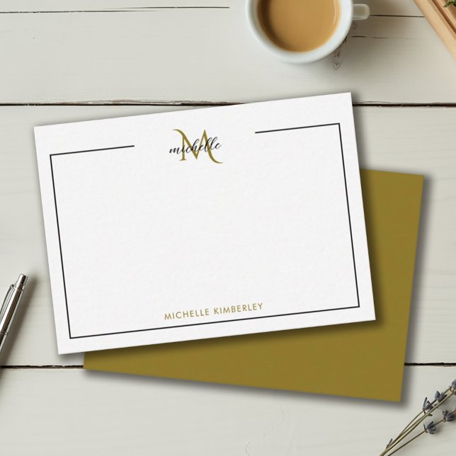 Minimal Chic Black and Gold Monogram Note Card (Minimal Chic Black and Gold Monogram Note Card)