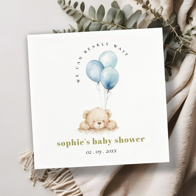 Minimal Chic Blue Bearly Wait Balloon Baby Shower Napkins (Creator Uploaded)