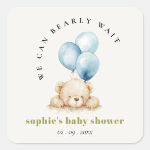  Minimal Chic Blue Bearly Wait Balloon Baby Shower Square Sticker