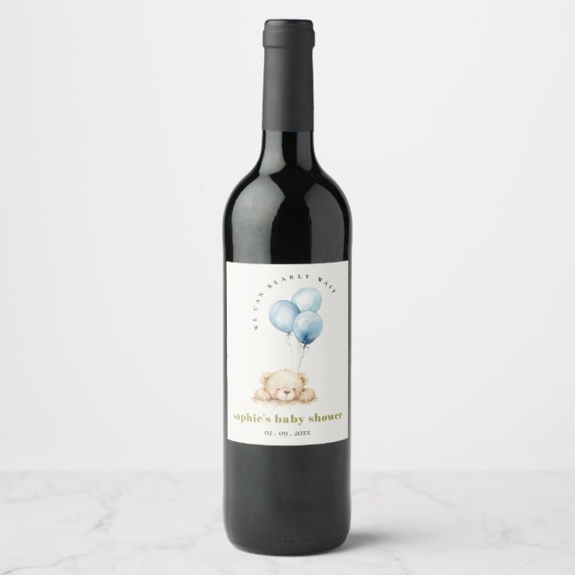 Minimal Chic Blue Bearly Wait Balloon Baby Shower Wine Label (Front)