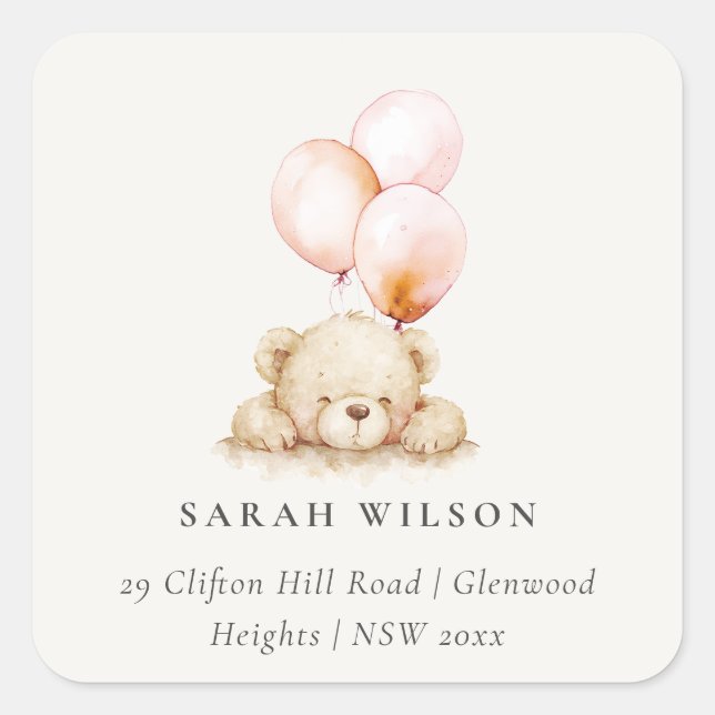  Minimal Chic Blush Bearly Wait Balloon Address Square Sticker (Front)