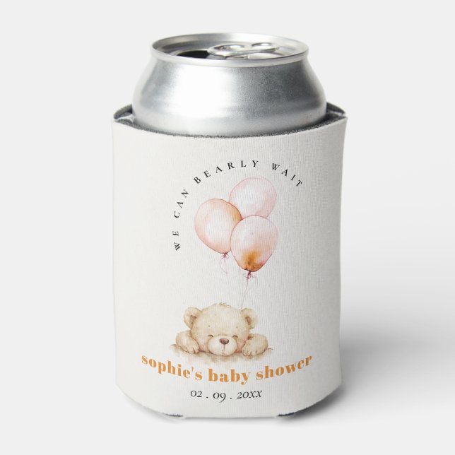 Minimal Chic Blush Bearly Wait Balloon Baby Shower Can Cooler (Can Front)