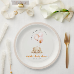 Minimal Chic Blush Bearly Wait Balloon Baby Shower Paper Plates