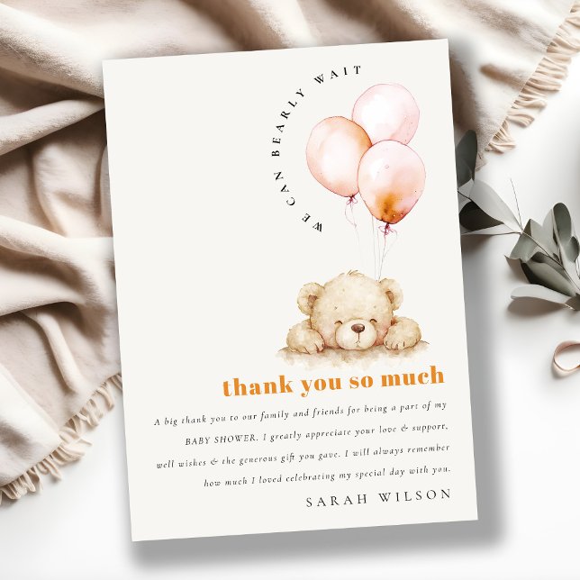 Minimal Chic Blush Bearly Wait Balloon Baby Shower Thank You Card (Creator Uploaded)