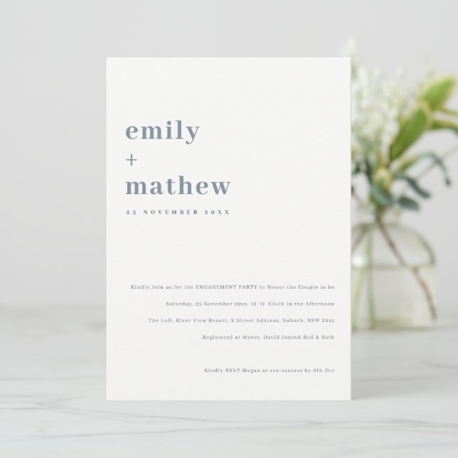 Minimal Chic Bold Grey Blue Typography Engagement Invitation (Standing Front)