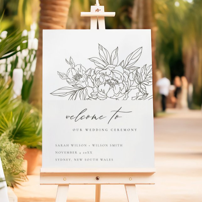 Minimal Chic Brown Floral Sketch Wedding Welcome Foam Board (Creator Uploaded)