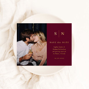 Minimal Chic Burgundy Photo Save the Date Gold Foil Invitation Postcard