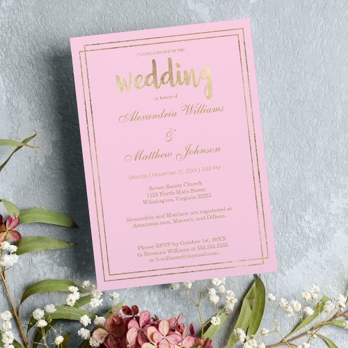 Minimal Chic Elegant Blush Pink Gold Wedding Invitation Postcard