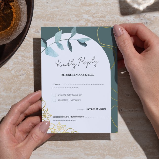 Minimal Chic Eucalyptus Greenery & Gold Accents RSVP Card (Creator Uploaded)