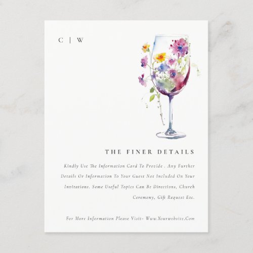 Minimal Chic Floral Wine Glass Wedding Details Enclosure Card