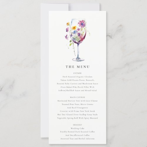 Minimal Chic Floral Wine Glass Wedding Menu Card