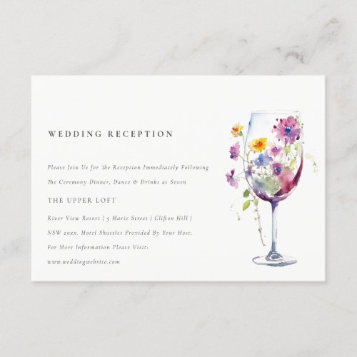 Minimal Chic Floral Wine Glass Wedding Reception Enclosure Card