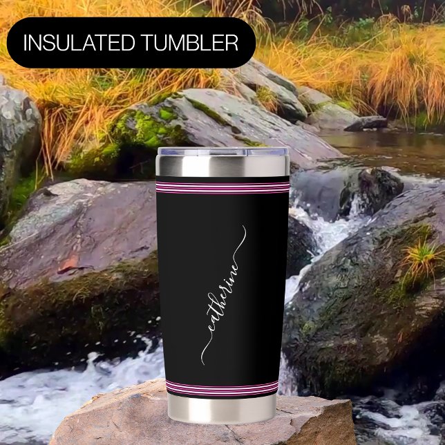 Minimal Chic Handwritten Name Black White Hot Pink Insulated Tumbler (Modern White Script Personalized Name Insulated Tumbler)